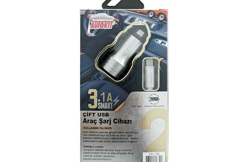 AUTOKİT 3,1A ÇİFT USB ARAÇ ŞARJI+KABLO